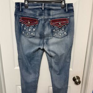 Blue Savvy Womans Jeans Cropped Skinny Embellished Pockets Flag Sz 16 Patriotic